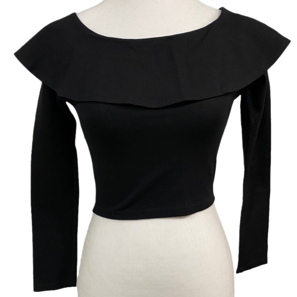 Forever 21 Ruffle Crop Top Women’s Small Black Long Sleeve Grunge Flirty Y2K 90s